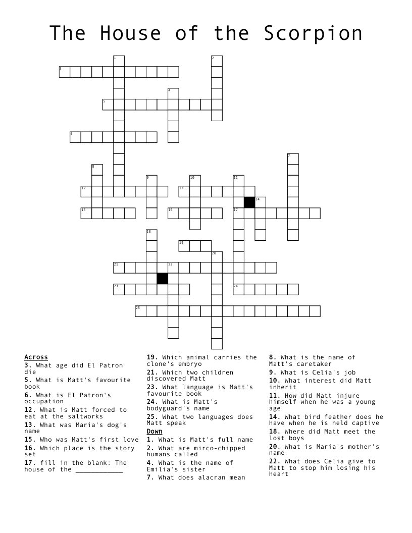 The House of the Scorpion  Crossword