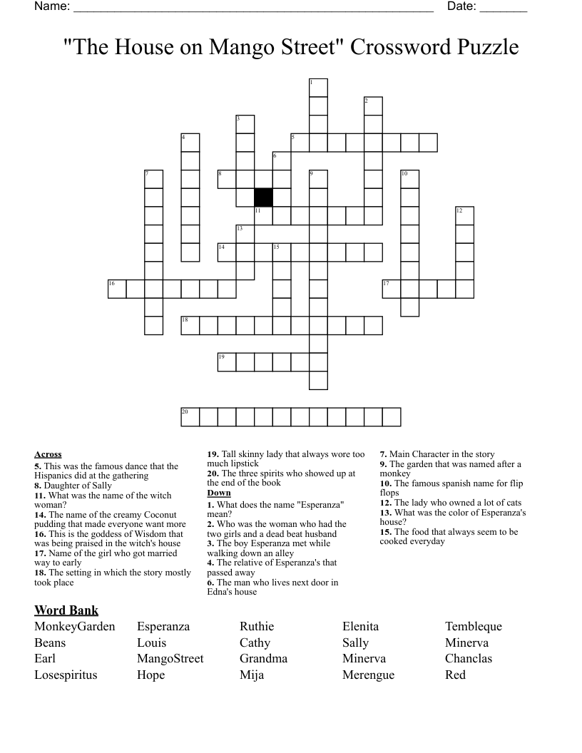 "The House on Mango Street" Crossword Puzzle 