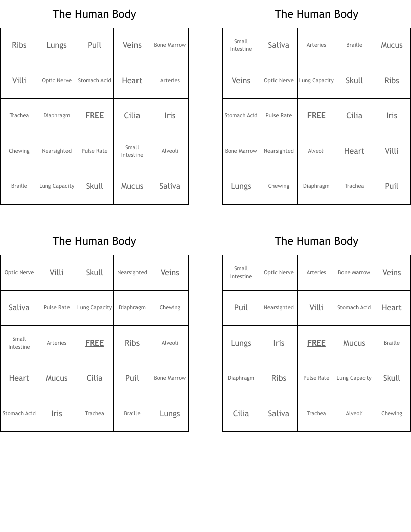 The Human Body Bingo Cards