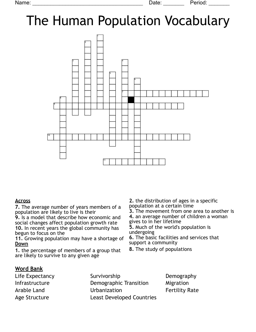 The Human Population Vocabulary Crossword