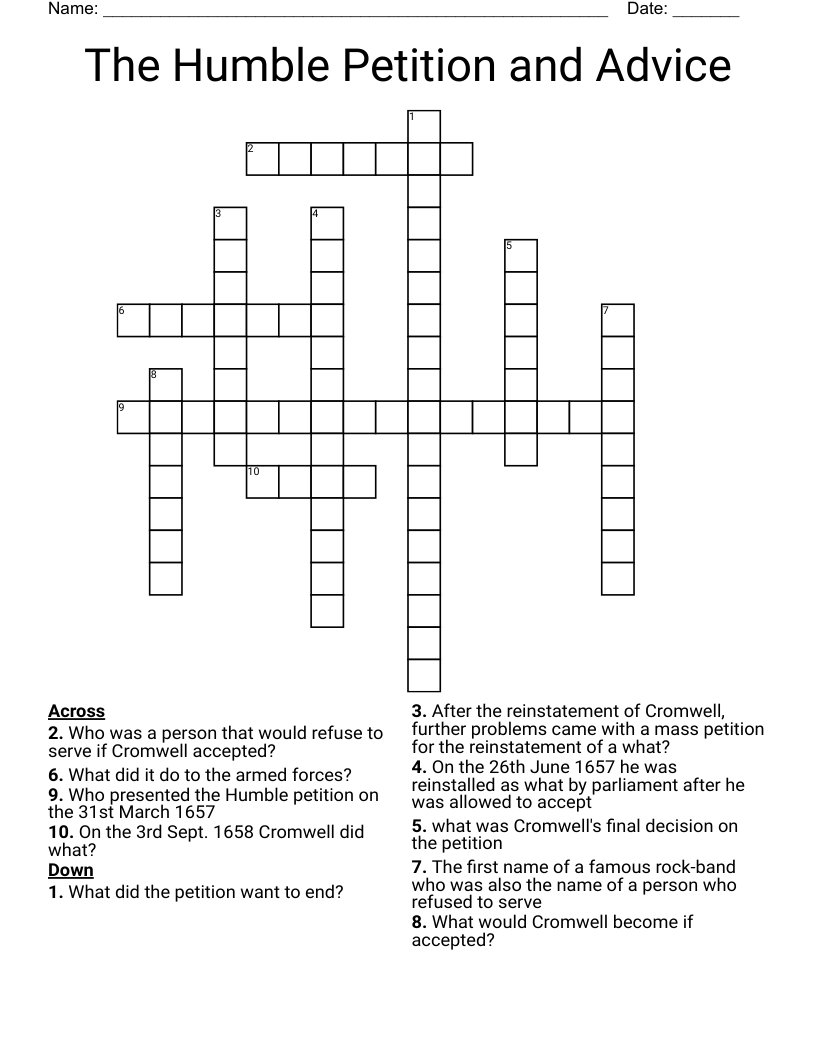 The Humble Petition and Advice Crossword