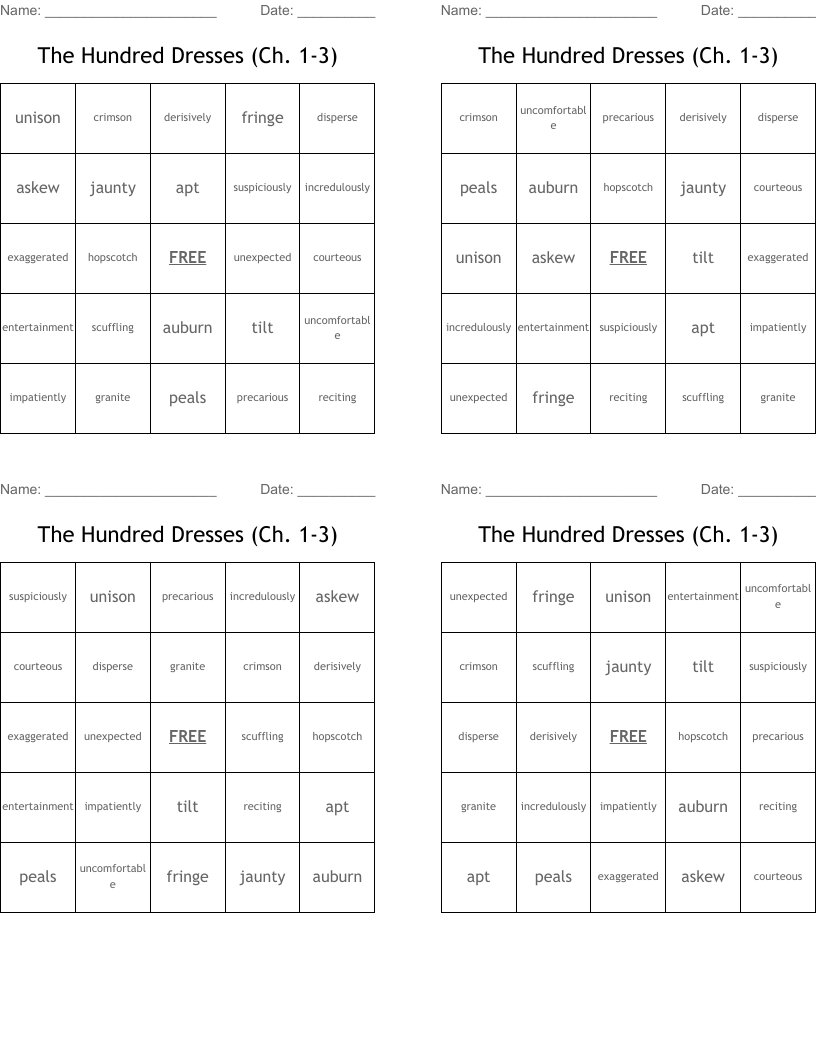 The Hundred Dresses (Ch. 1-3) Bingo Cards