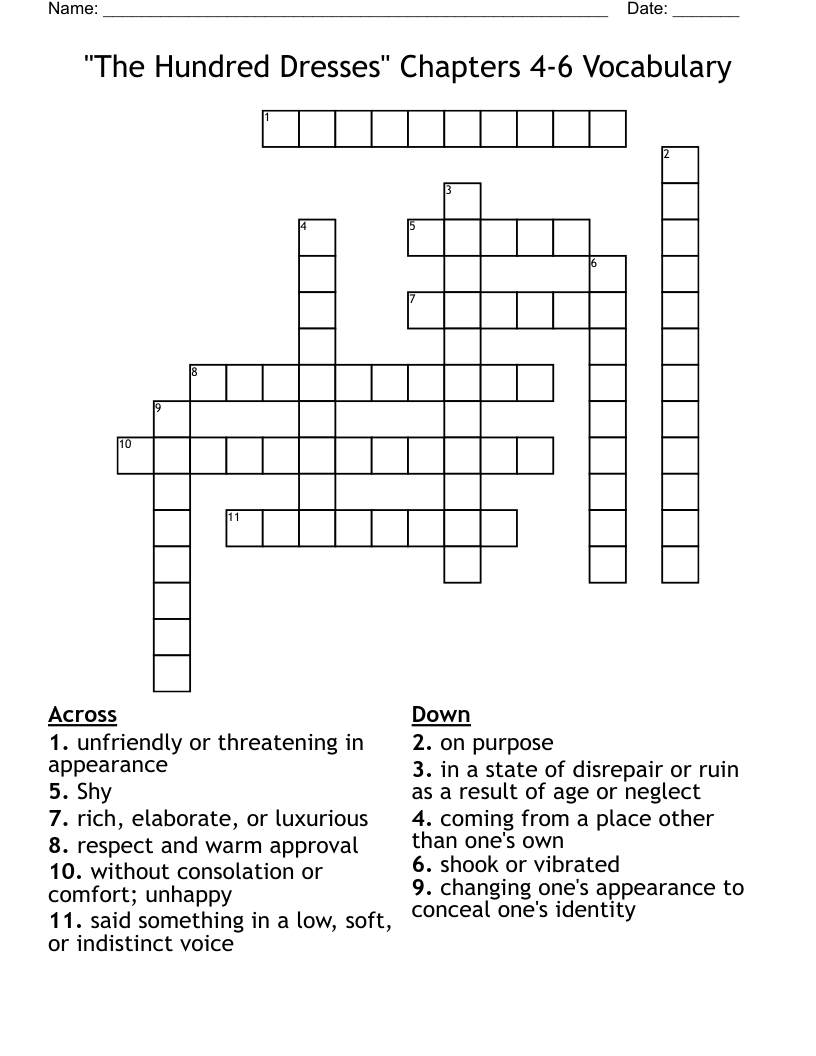 "The Hundred Dresses" Chapters 4-6 Vocabulary Crossword