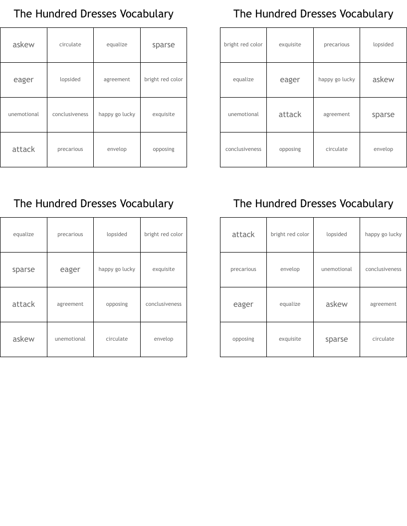 The Hundred Dresses Vocabulary Bingo Cards