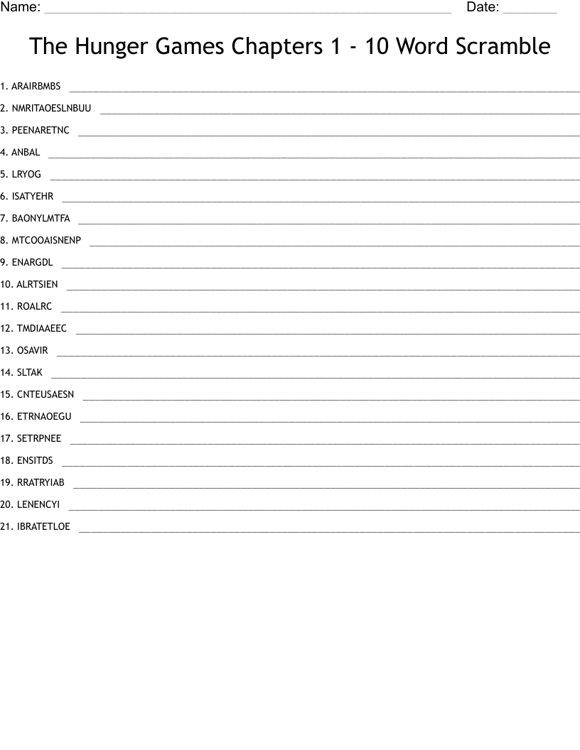 The Hunger Games Chapters 1 - 10 Word Scramble