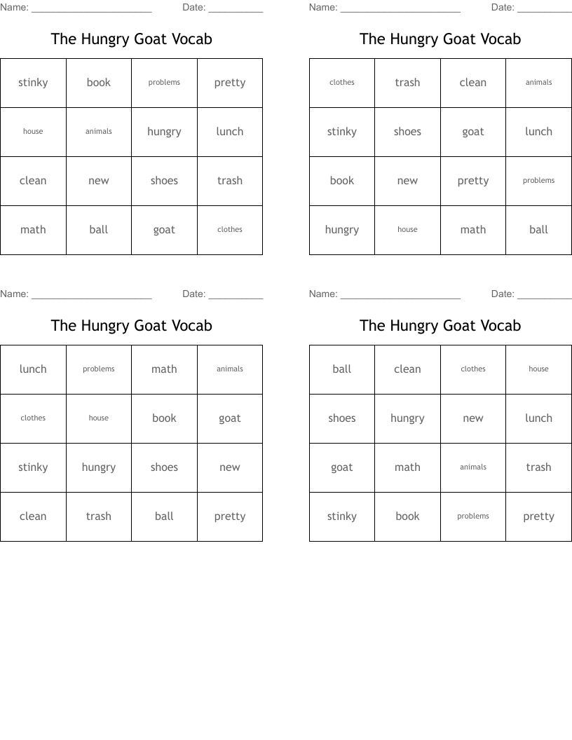 The Hungry Goat Vocab Bingo Cards