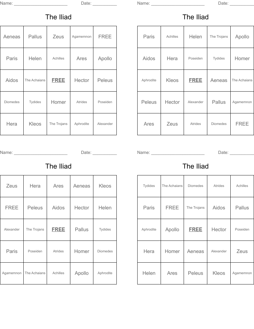 The Iliad  Bingo Cards