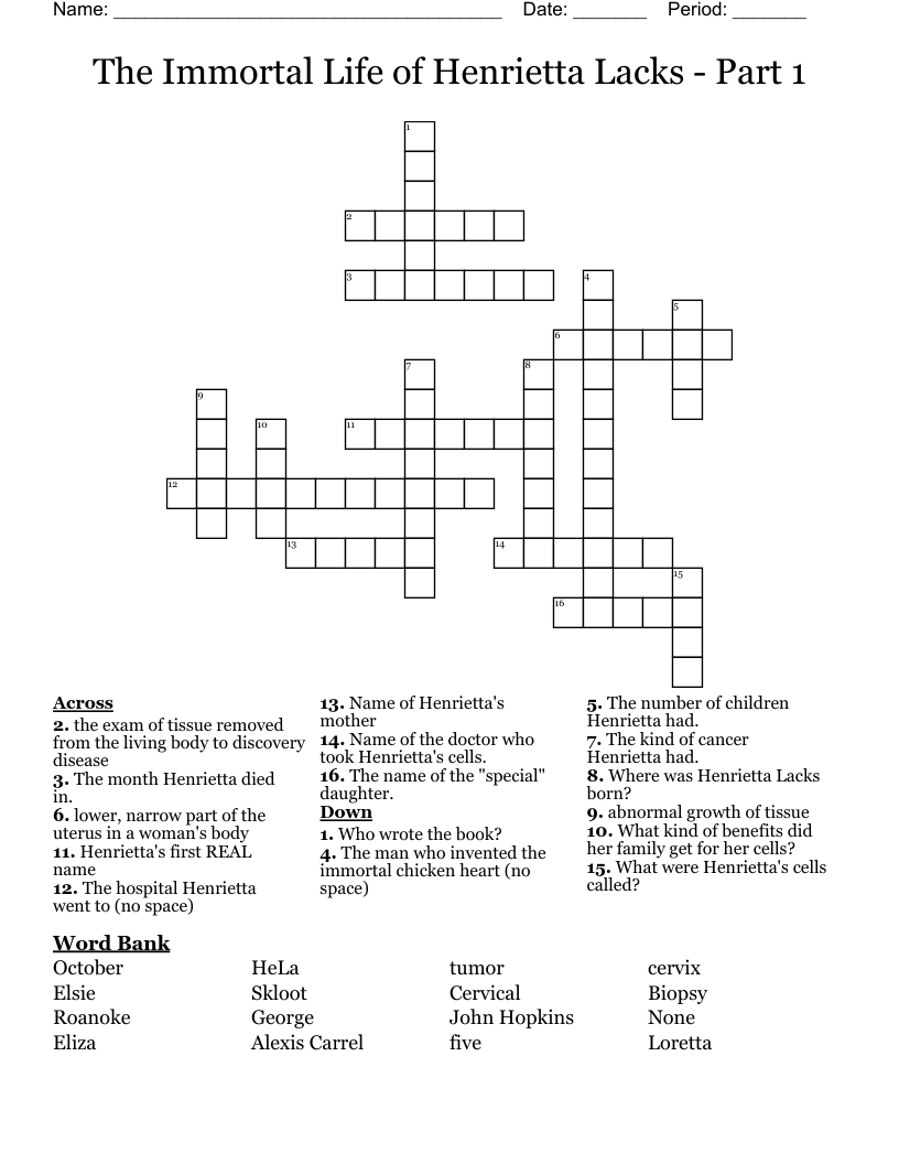 The Immortal Life of Henrietta Lacks - Part 1 Crossword