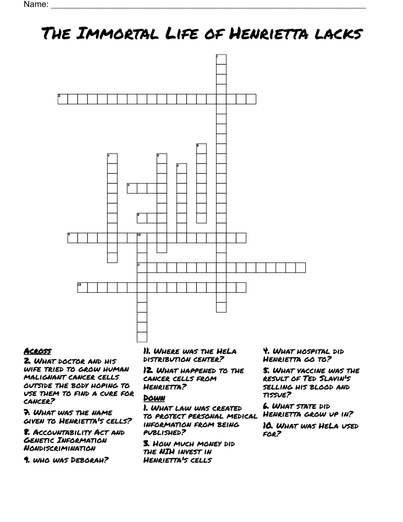 The Immortal Life of Henrietta lacks Crossword