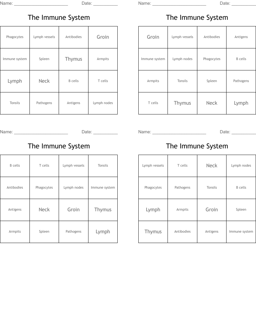 The Immune System Bingo Cards