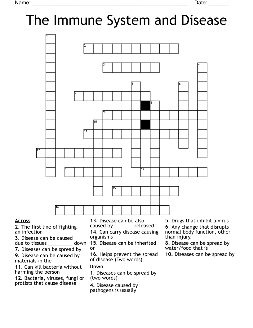 The Immune System and Disease Crossword