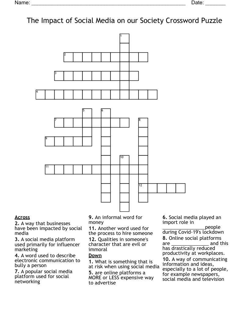 The Impact of Social Media on our Society  Crossword Puzzle