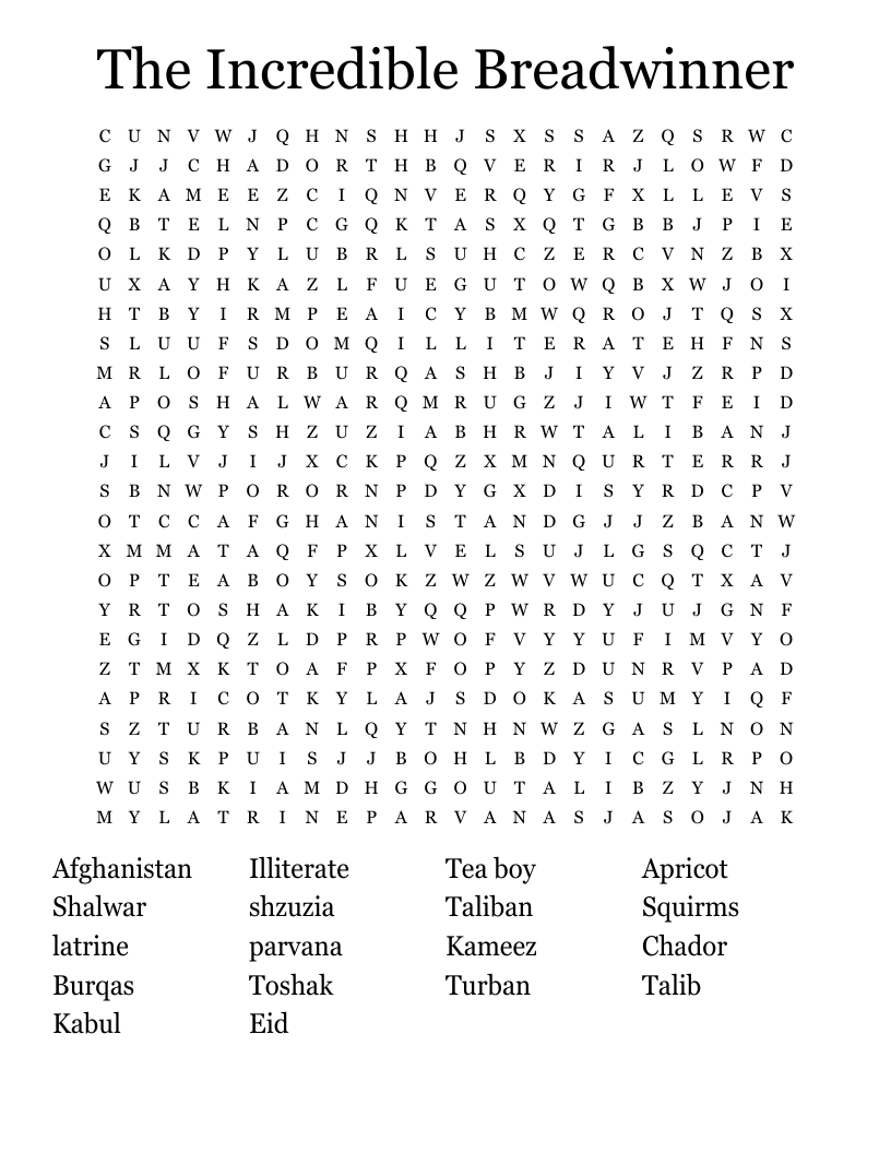 The Incredible Breadwinner Word Search