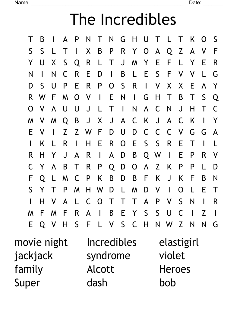 The Incredibles Word Search