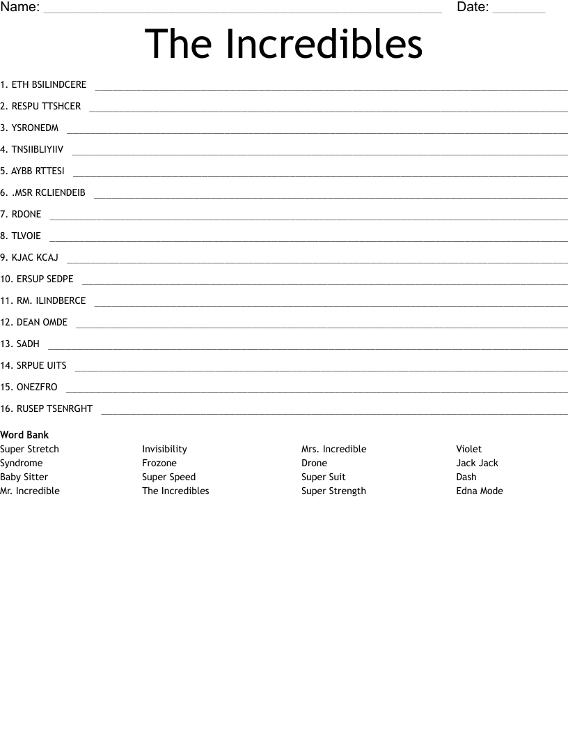 The Incredibles Word Scramble