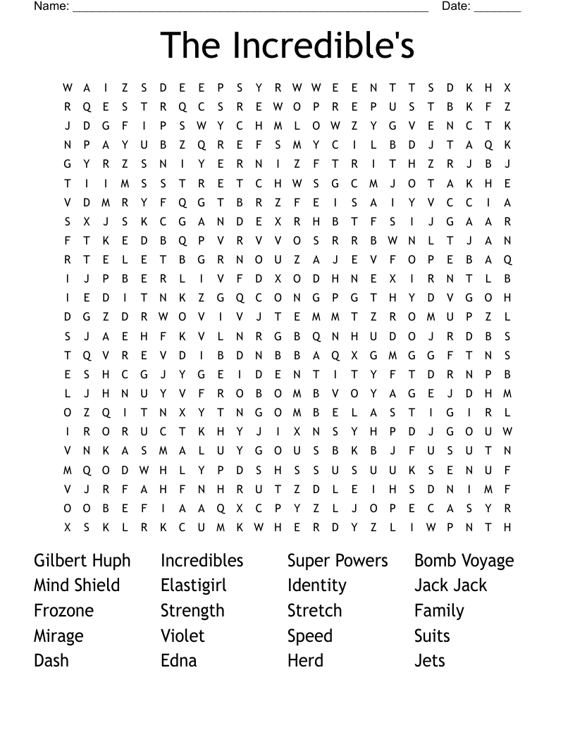 The Incredible's  Word Search