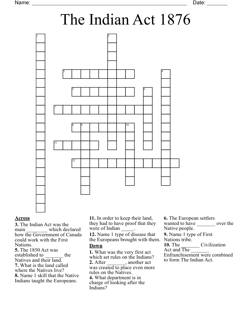 The Indian Act 1876 Crossword