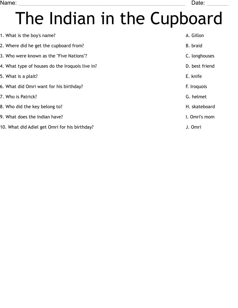 The Indian in the Cupboard Worksheet