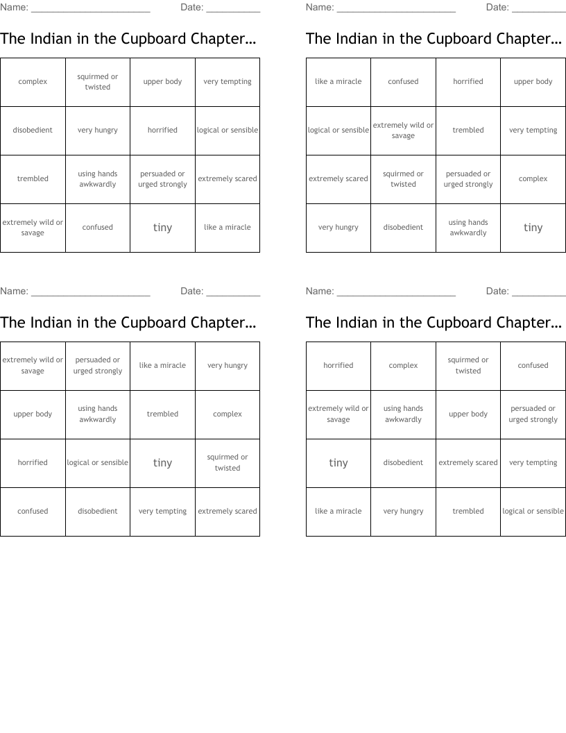 The Indian in the Cupboard Chapters 1-4 Bingo Cards