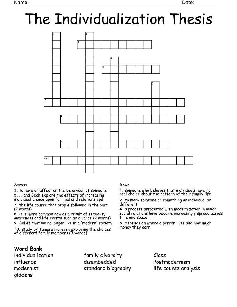 The Individualization Thesis Crossword