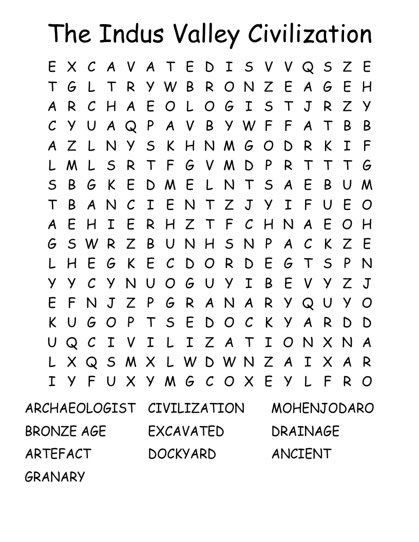 The Indus Valley Civilization  Word Search