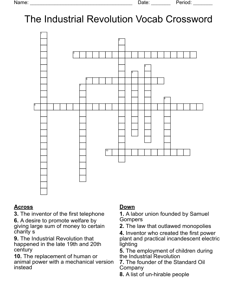 The Industrial Revolution Vocab Crossword