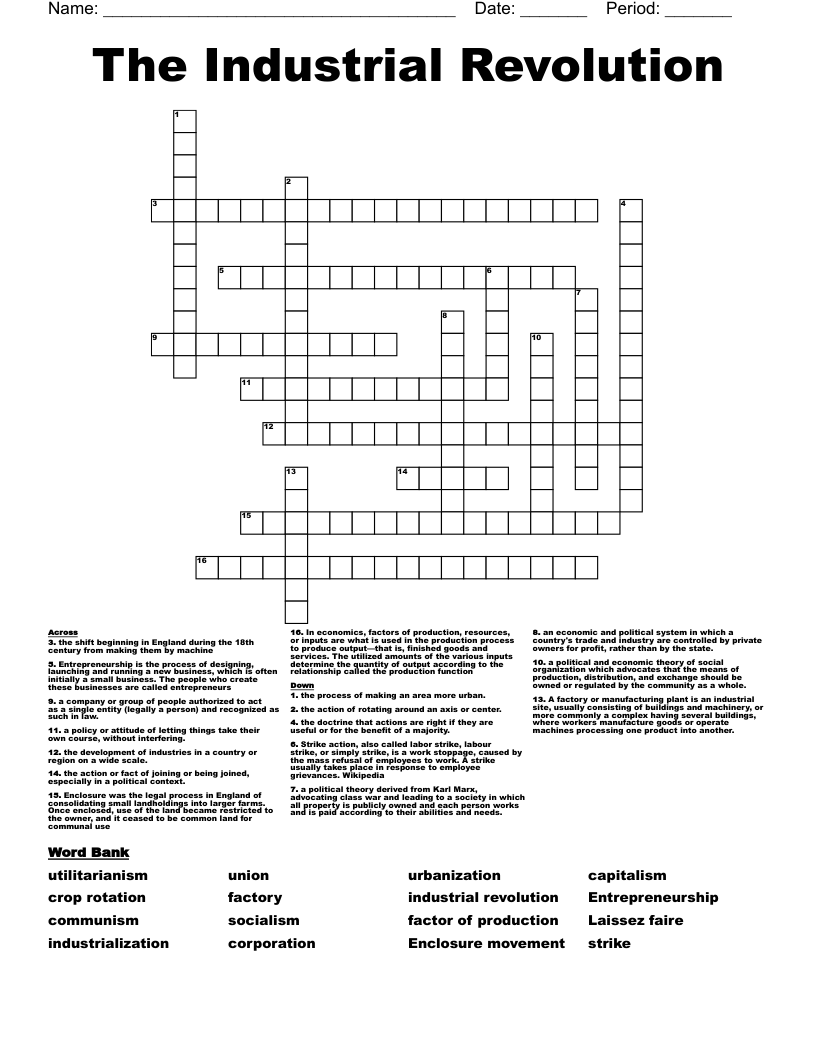 The Industrial Revolution  Crossword