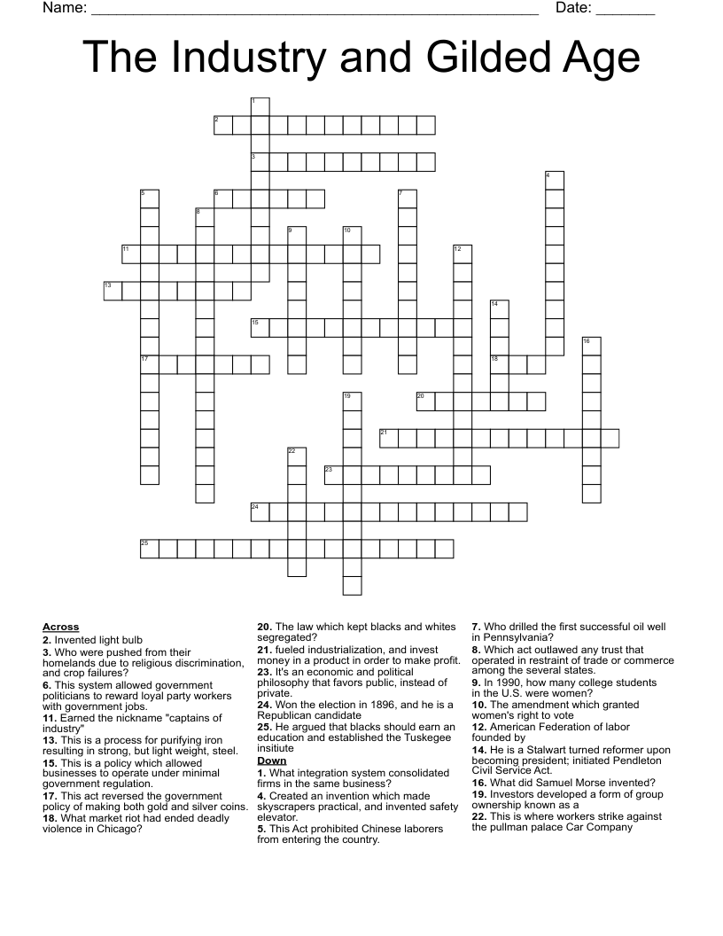 The Industry and Gilded Age  Crossword
