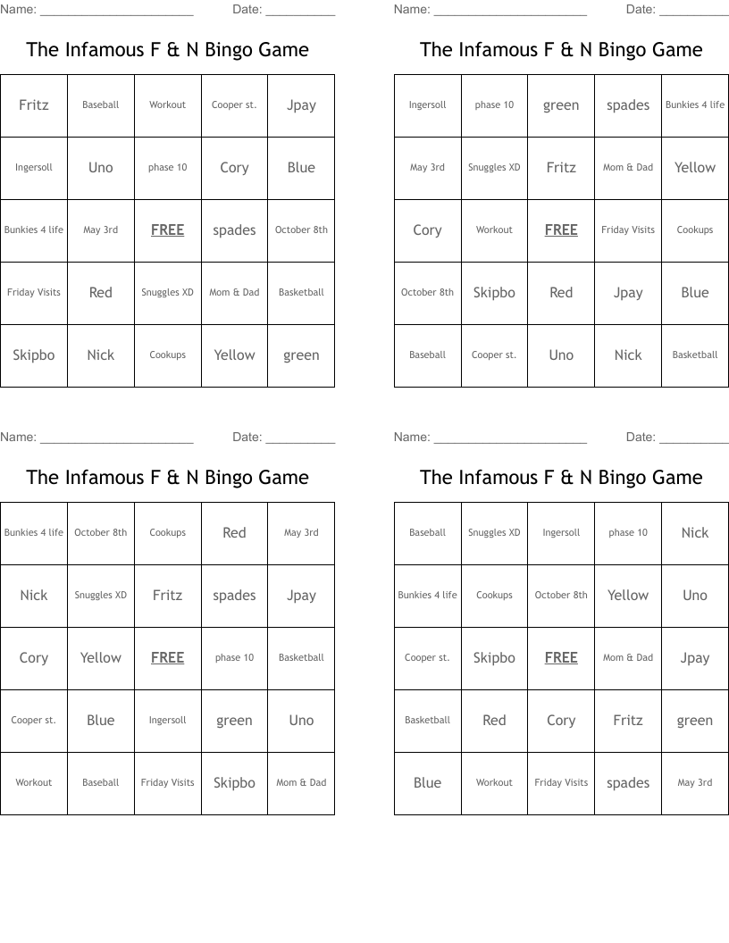 The Infamous F & N Bingo Game 