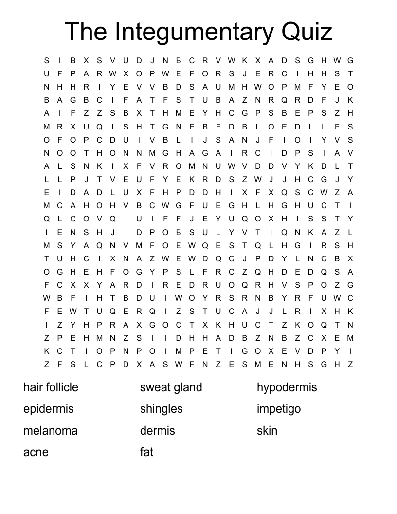 The Integumentary Quiz Word Search