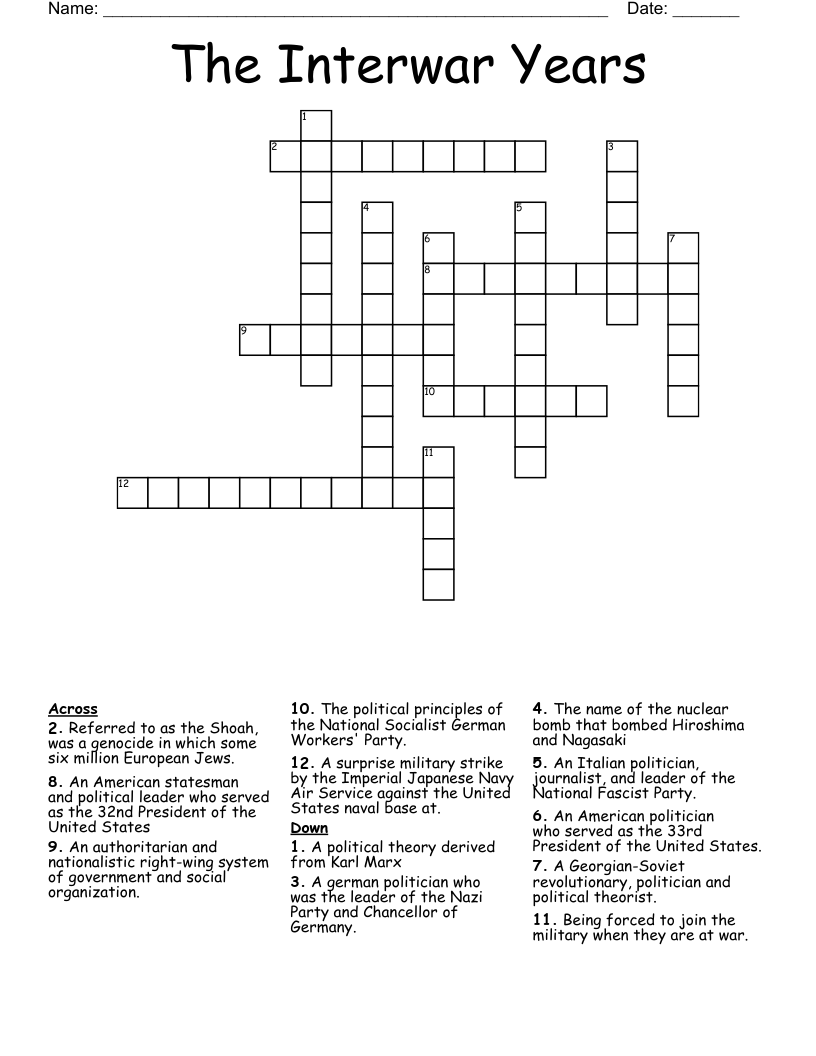 The Interwar Years Crossword