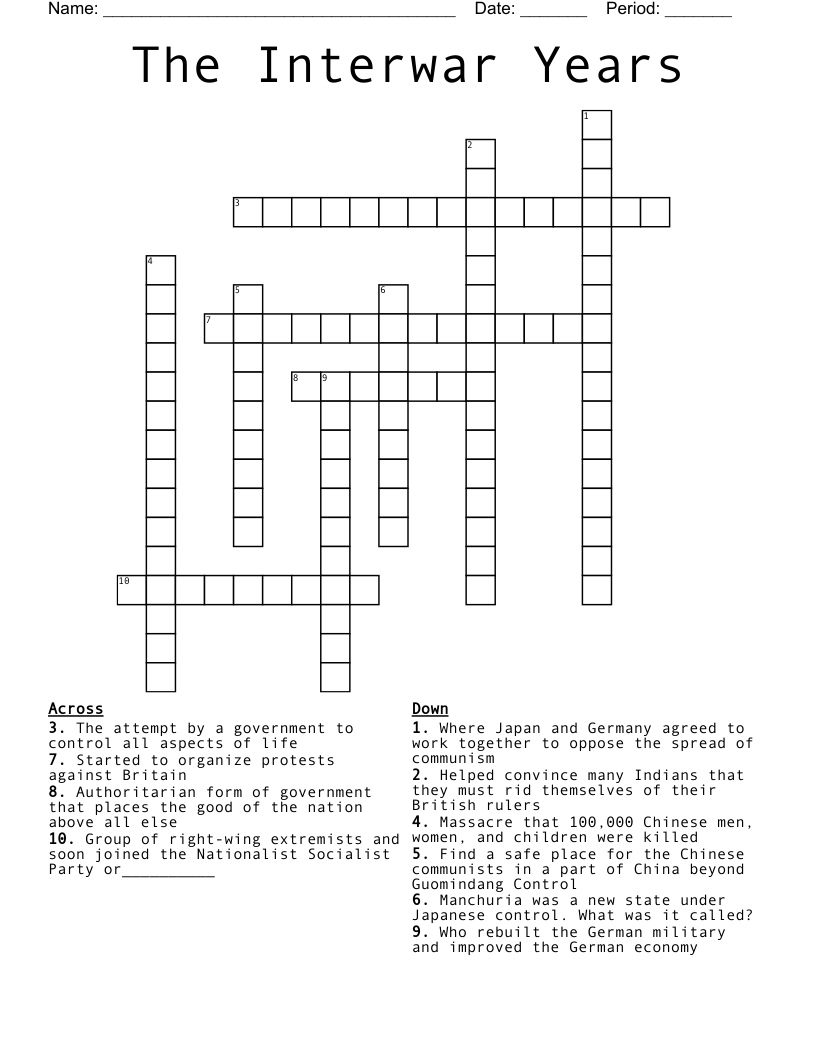 The Interwar Years Crossword