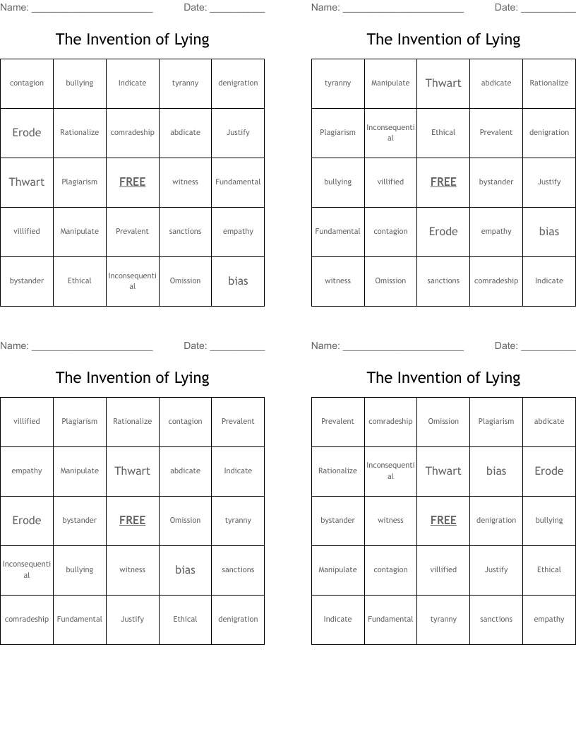 The Invention of Lying Bingo Cards