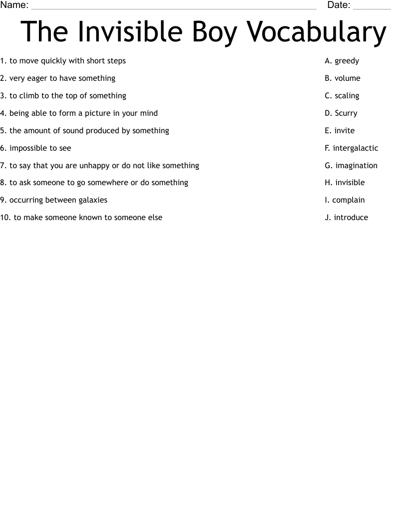 The Invisible Boy Vocabulary Worksheet