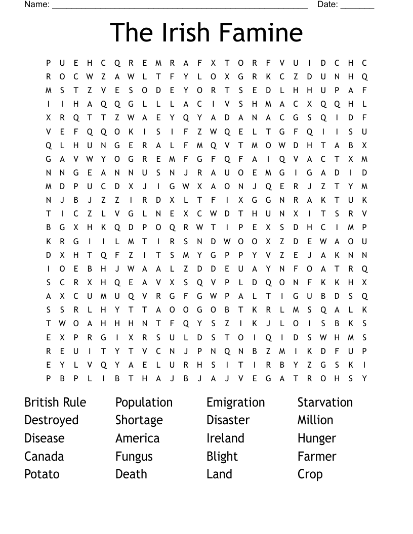 The Irish Famine Word Search