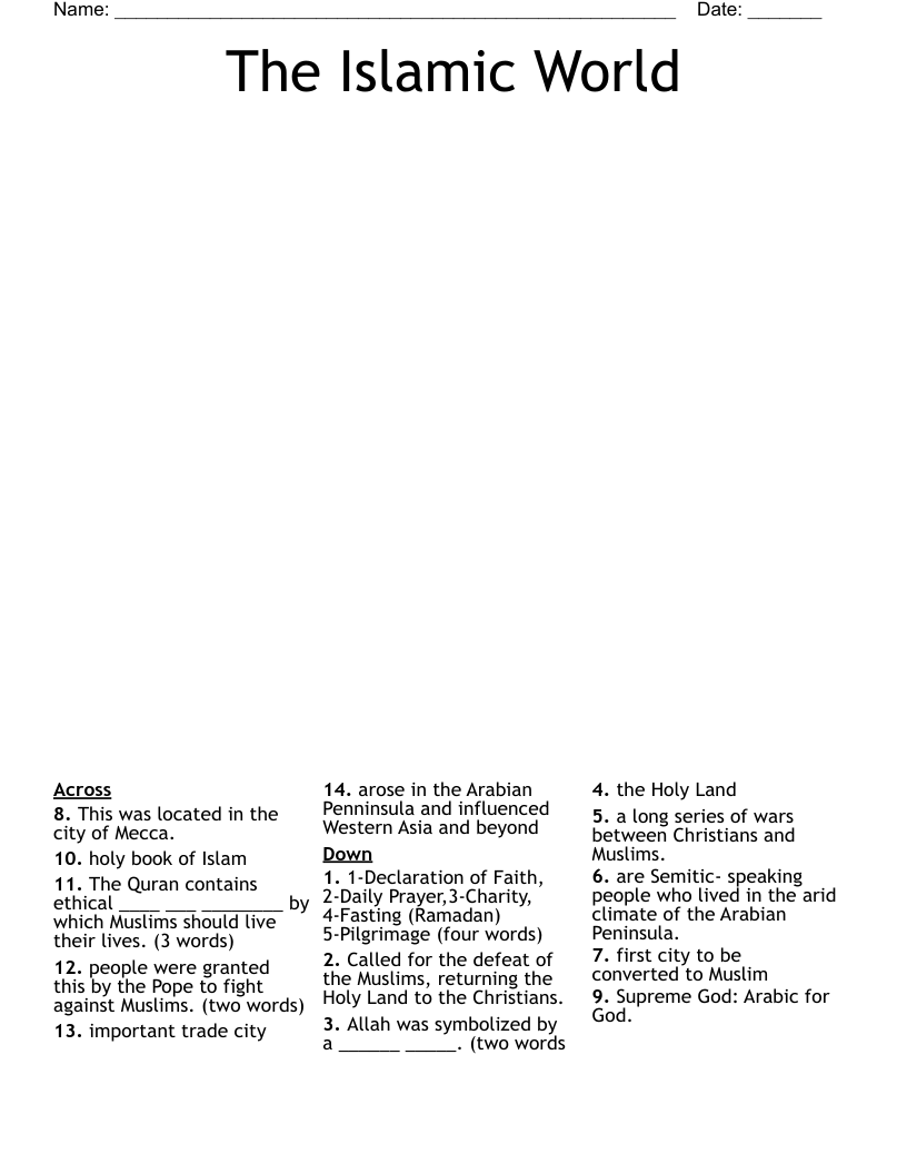 The Islamic World  Crossword