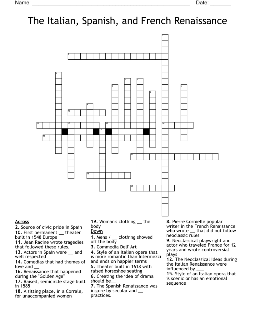 The Italian, Spanish, and French Renaissance  Crossword