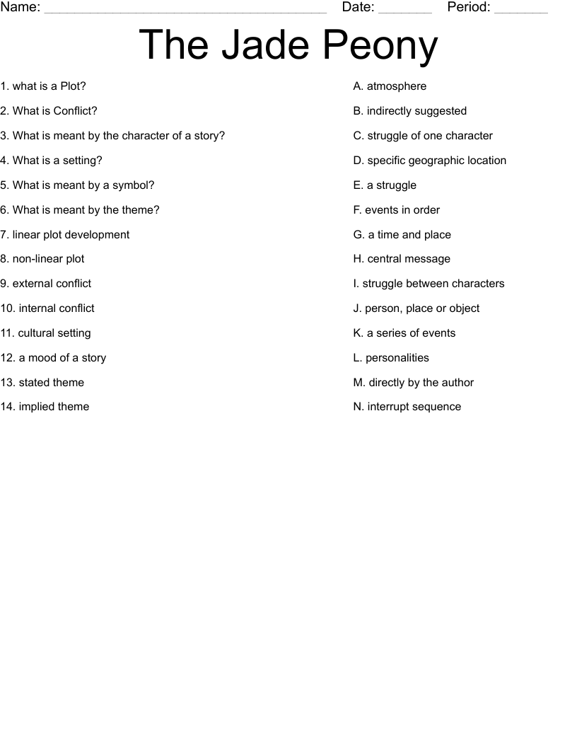 The Jade Peony Worksheet