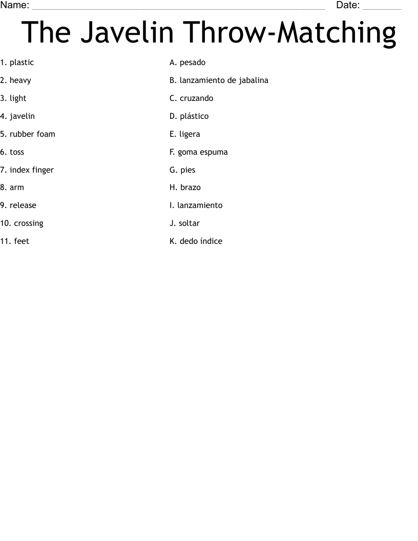 The Javelin Throw-Matching Worksheet