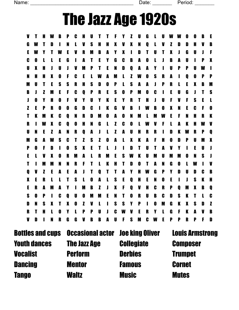 The Jazz Age 1920s Word Search