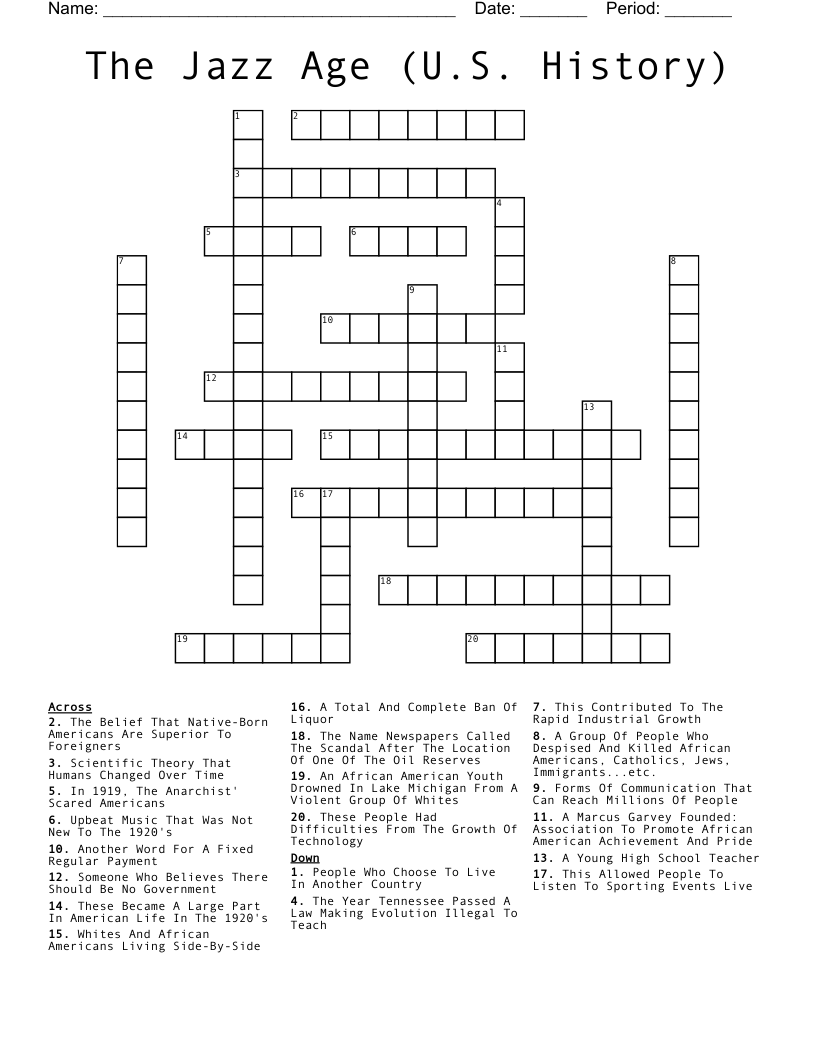 The Jazz Age (U.S. History) Crossword