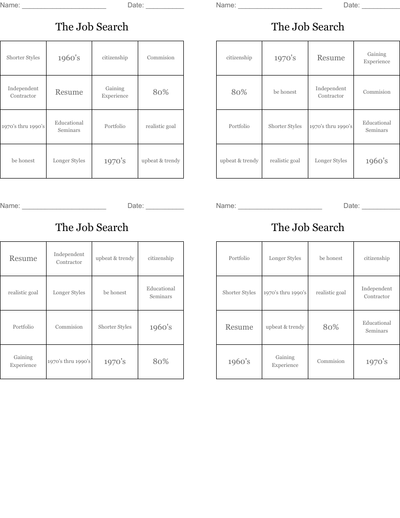 The Job Search Bingo Cards