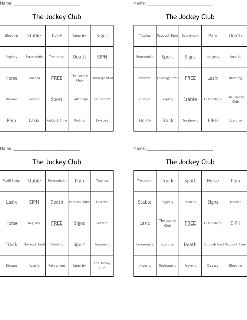 The Jockey Club Bingo Cards