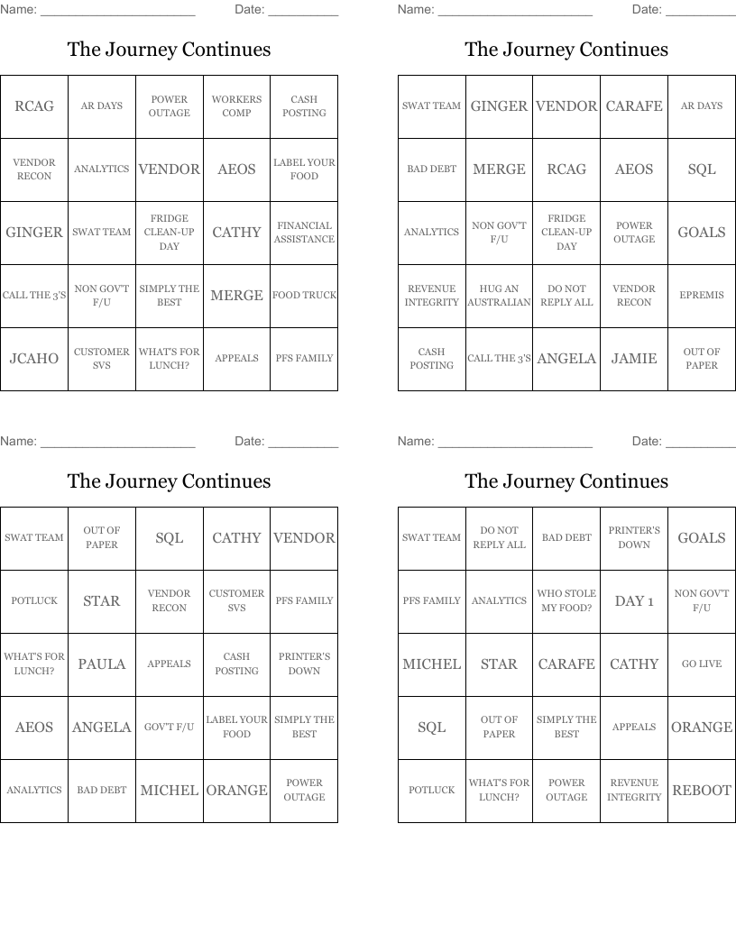 The Journey Continues Bingo Cards