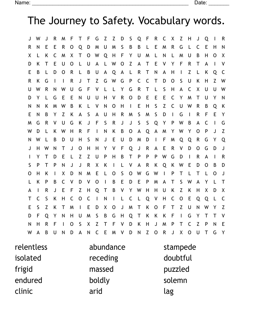 The Journey to Safety. Vocabulary words.  Word Search