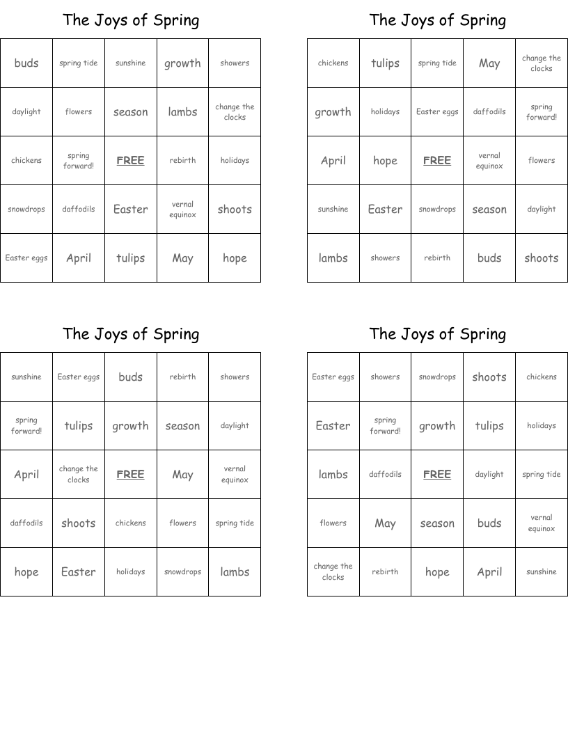 The Joys of Spring Bingo Cards