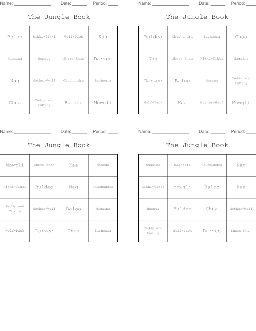 The Jungle Book Bingo Cards