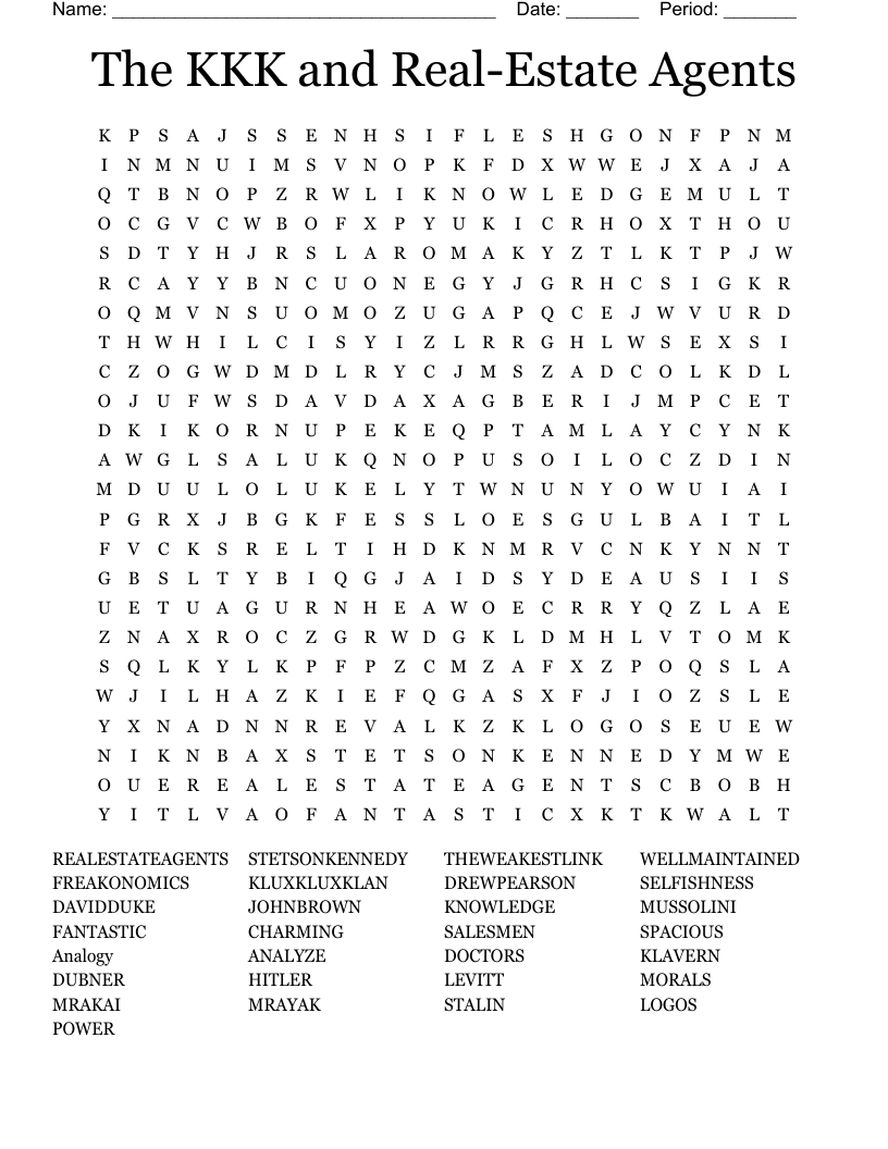 The KKK and Real-Estate Agents Word Search