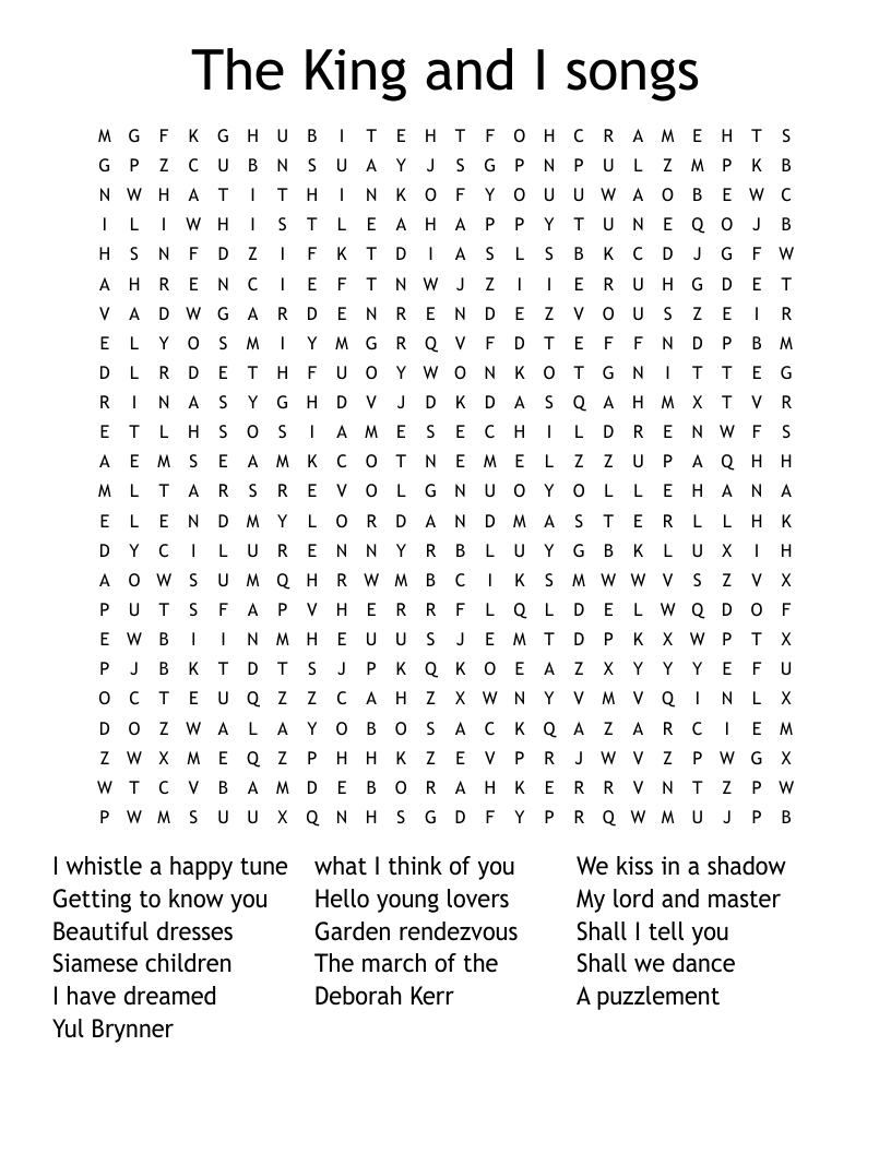 The King and I songs Word Search
