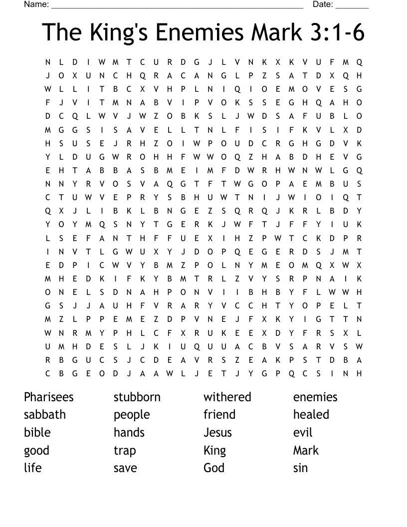 The King's Enemies Mark 3:1-6 Word Search